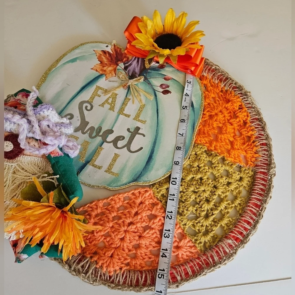 Handcrafted holiday wreath fall crochet pumpkin wall decor floral gnome collage
